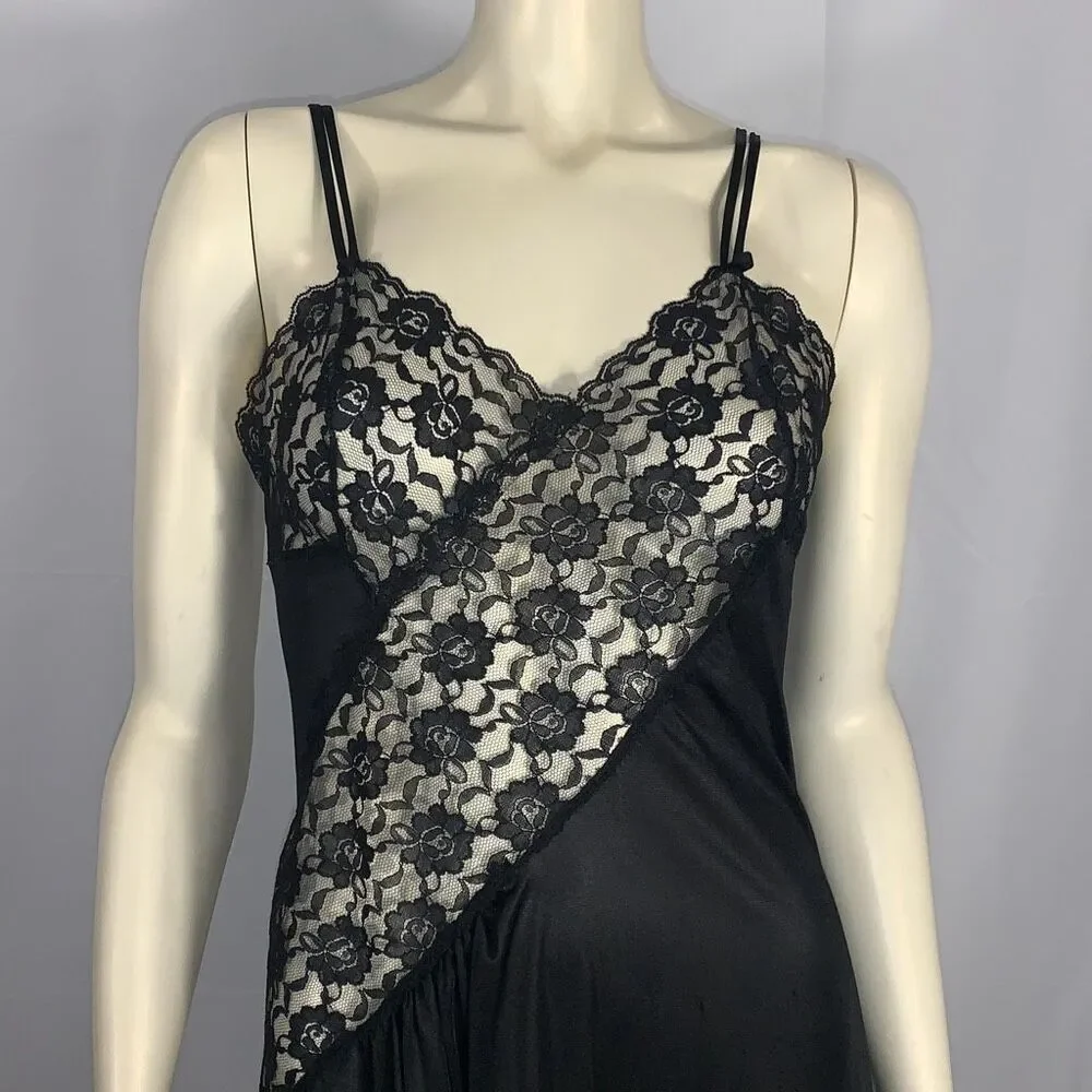 Vintage 70's Black Lingerie Slip Dress Maxi Long Dress High Slit See through Wai - Picture 3 of 16